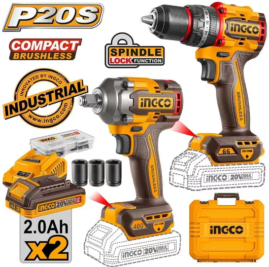 Σετ Ingco Κρουστικό Δραπανοκατσάβιδο & Μπουλονόκλειδο Brushless 20V με 2 Μπαταρίες 2Ah & Θήκη