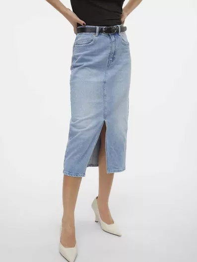 Vero Moda Ψηλόμεση Midi Τζιν Φούστα σε Ανοιχτό Μπλε Denim