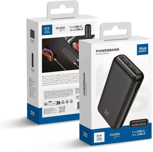 Blue Star W2027 Power Bank 20000mAh με 3 Θύρες USB-A & Θύρα USB-C Μαύρο