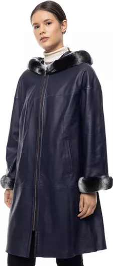 Leather 100 Γυναικείο Ημίπαλτο Δερμάτινo με Κουκούλα & Γούνινες Λεπτομέρειες Μπλε