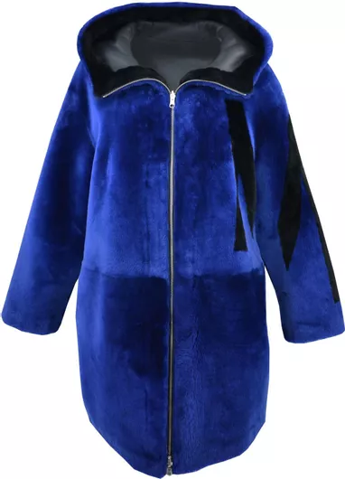 Leather 100 Γυναικείο Ημίπαλτο από Μουτόν με Κουκούλα Μπλε/Μαύρο