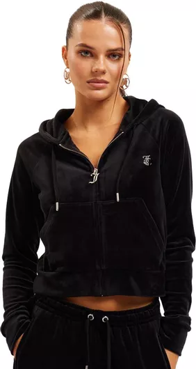 Juicy Couture Cropped Βελουτέ Γυναικεία Ζακέτα Φούτερ με Κουκούλα - Μαύρο