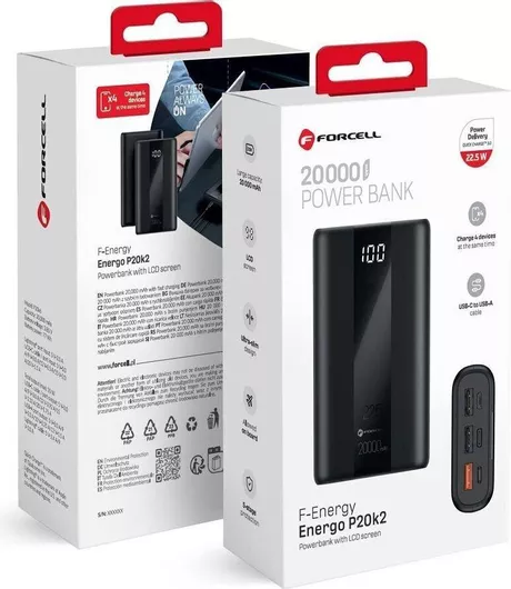 Power Bank Forcell P20K2 20000mAh 22.5W με 3 Θύρες USB-A & Θύρα USB-C Power Delivery / Quick Charge 3.0 Μαύρο