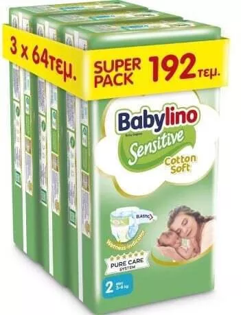 Πάνες με Αυτοκόλλητο Babylino Sensitive Cotton Soft No. 2 για 3-6kg 192τμχ.