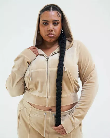 Cropped Γυναικεία Ζακέτα Φούτερ Βελουτέ με Κουκούλα Μπεζ