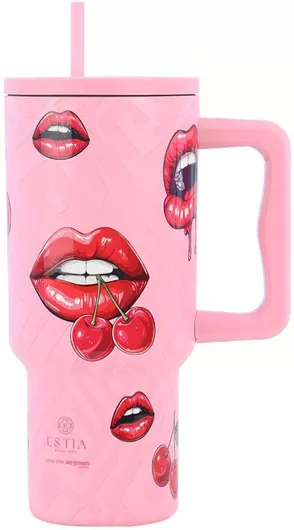 Estia Straw Tumbler XL Save the Aegean Θερμός Μπουκάλι Ανοξείδωτο BPA Free 900ml Blush Pop με Καλαμάκι & Λαβή