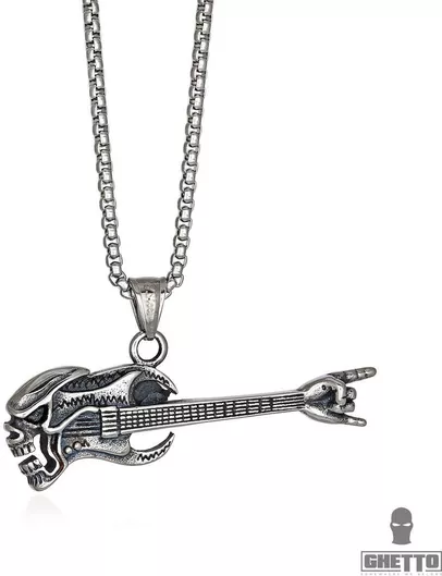 Ghetto Ανδρικό Κολιέ Μενταγιόν Hip Hop Skull Electric Guitar από Ανοξείδωτο Ατσάλι