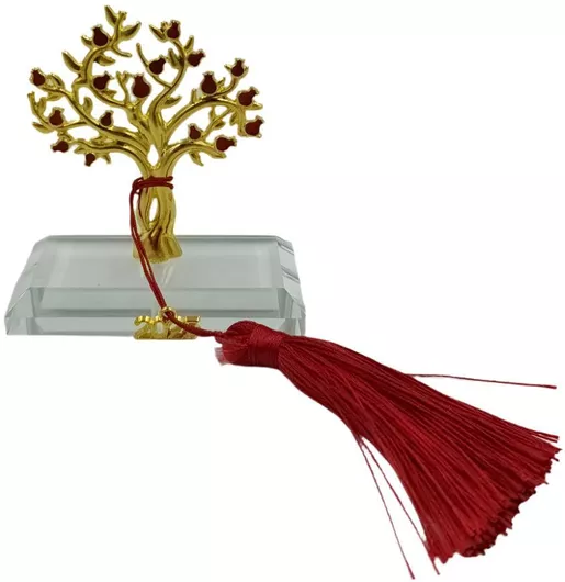 Γούρι Χριστουγεννιάτικο Επιτραπέζιο Δέντρο Ζωής Ρόδια Φούντα Γυάλινη Βάση 9x8χ5cm