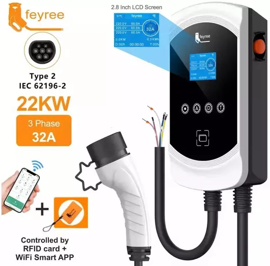 Σταθμός Φόρτισης Ηλεκτρικών Αυτοκινήτων Feyree EV-Pro Επιτοίχιος Τριφασικός 22kW με Ενσωματωμένο Καλώδιο Type 2