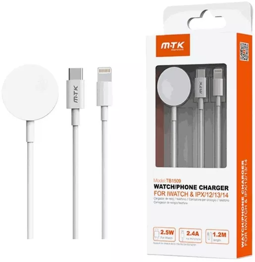Φορτιστής Wearable  Moveteck για iWatch, iPhone IPX, iPhone 12, iPhone 13, iPhone 14 Λευκό