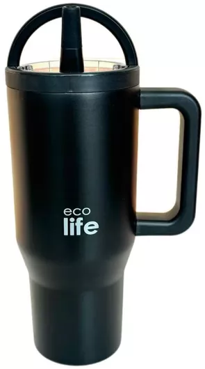 Θερμός Ecolife Ανακυκλώσιμο Handled Tumbler Ανοξείδωτο BPA Free 900ml Rich Black με Καλαμάκι & Λαβή