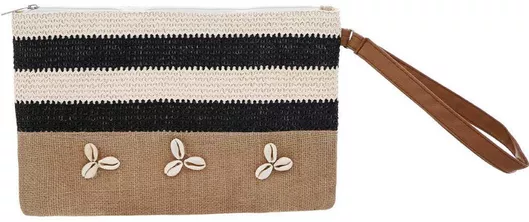 Νεσεσέρ γυναικείο λινάτσα ψαθί ριγέ με κοχύλια 27Χ18cm μαύρο εκρού