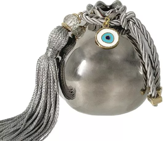 Κεραμικό Ρόδι Μικρό Ασήμι στολισμένο με Ασημί Μάτι & Φούντα 7.3x7.5cm