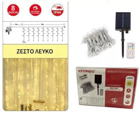 Λαmπάκι 480 LED 6m.x 120εκ Ηλιακά τύπου Κουρτίνα mε Διαφανές Καλώδιο & Προγράmmατα Arrango Θερmό Λευκό