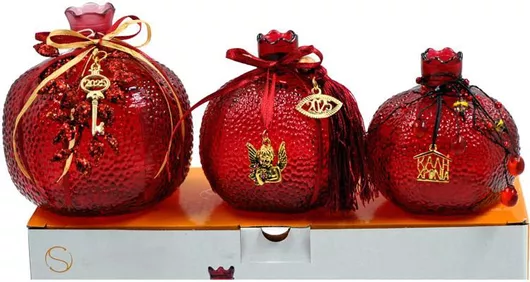 Γούρι Royal Art Collection Επιτραπέζιο Ρόδι Ροζ από Γυαλί 3τμχ.