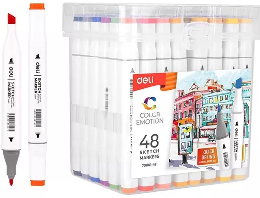 Μαρκαδόροι Ζωγραφικής Deli Emotion Διπλής Μύτης Σετ 48τμχ.