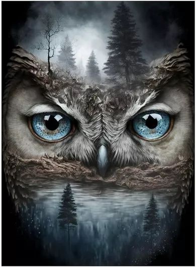Olympus Diamond Painting "Owl embedded in a forest landscape" - Ψηφιδωτό Μωσαικό "Κουκουβάγια ενσωματωμένη σε δασικό τοπίο" 50Χ40