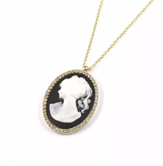 Κολιέ Γυναικείο Χρυσό CAMEO με Λευκό Ζιργκόν Κ14 - C001 | Metrongold