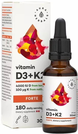 Aura Herbals Vitamin D3 + K2 Forte Βιταμίνη για Ενίσχυση του Ανοσοποιητικού & την Υγεία των Οστών 4000iu 30ml