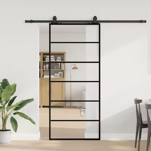 Συρόμενη Πόρτα Γυάλινη Μαύρο 90x205cm με Μηχανισμό & Συρόμενη Ράγα 213cm (ESG Γυαλί)