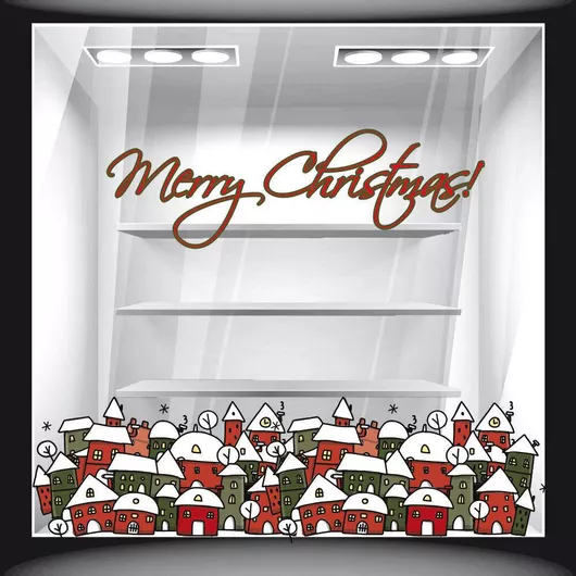 Χριστουγεννιάτικο Αυτοκόλλητο Merry Christmas Σπιτάκια 120cm X 100cm