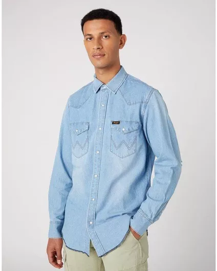 Wrangler Μακρυμάνικo Τζιν Πουκάμισο Γαλάζιο