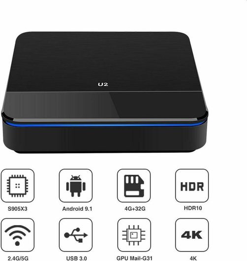 TV Box U2 4K UHD με WiFi USB 2.0 / USB 3.0 4GB RAM & 32GB με Λειτουργικό Android 9.1
