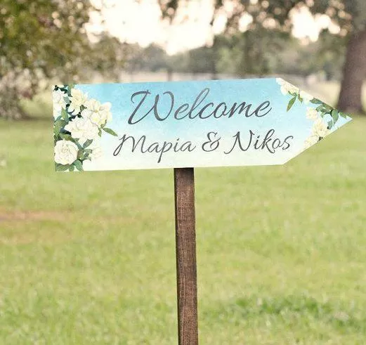 Πινακίδα Γάμου Βέλος Άνθη Γαρδένιας 40x15cm 5531124a Bal-5531124a-gardenia