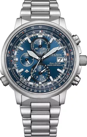 Citizen Sky Eco-drive Radio Controlled Ανδρικό Ανδρικό Ρολόι Χρονογράφος Μπαταρίας με Ασημί Μεταλλικό Μπρασελέ