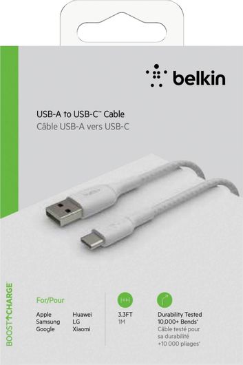Καλώδιο Belkin USB 2.0 USB Type-C σε USB-A male 1m Braided Λευκό