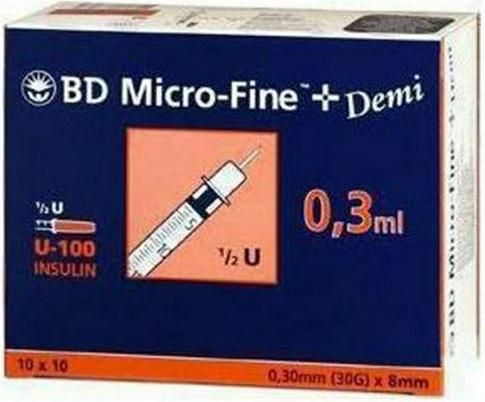 Σύριγγες Ινσουλίνης BD Micro-Fine Plus 30G x 8mm 0.3ml 100τμχ
