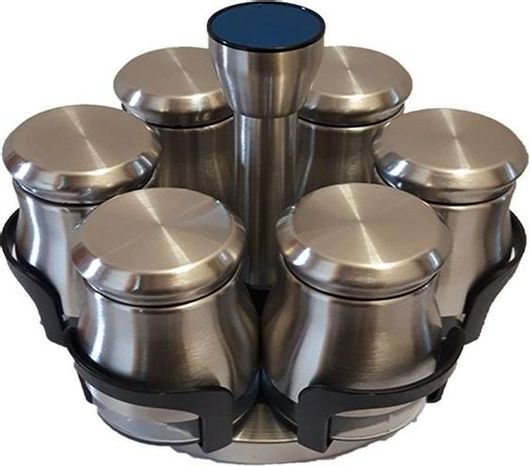 Θήκες Μπαχαρικών Καρβούνης Ανοξείδωτες σε Περιστρεφόμενη Βάση Ασημί Σετ 6τμχ