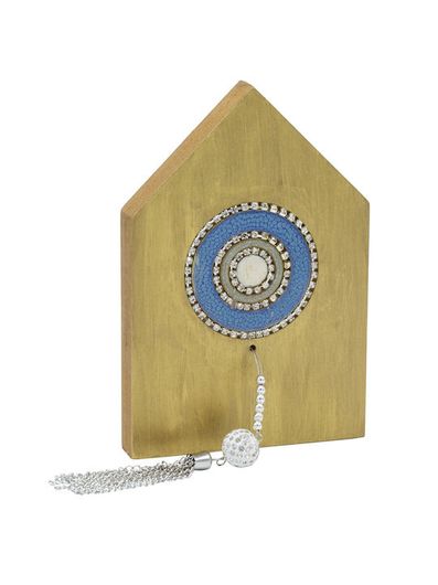 Γούρι για το Σπίτι Σπίτι Ξύλινο με Μάτι Μπλε & Φούντα 10Χ14CM Χρυσό