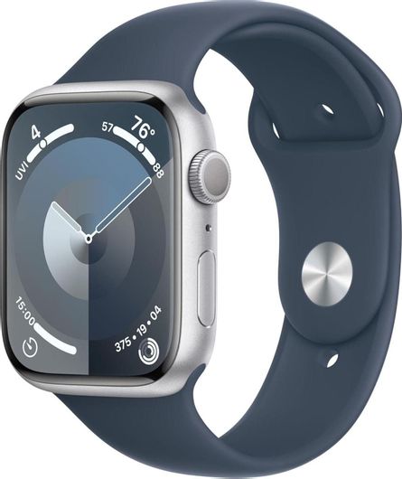 Apple Watch Series 9 GPS 45mm Aluminium Case Silver & Silicone Sport Band Storm Blue M/L
