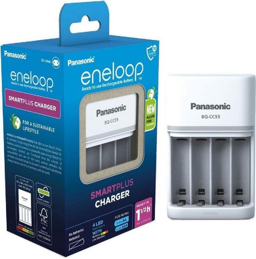 Φορτιστής 4 Μπαταριών Panasonic Eneloop Smart Plus BQ-CC55E Ni-MH Μεγέθους AA / AAA Λευκό