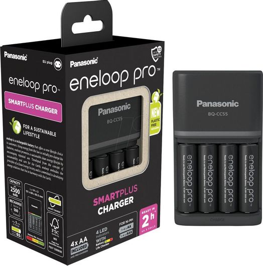 Φορτιστής 4 Μπαταριών Panasonic Eneloop Pro Smart Plus BQ-CC55 Ni-MH Μεγέθους AA / AAA Σετ με 4x AA 2500mAh