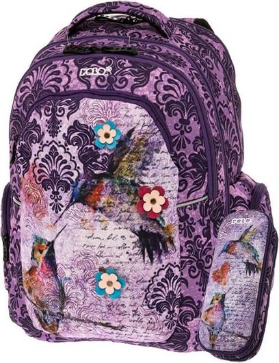 Σχολική Τσάντα Πλάτης Δημοτικού Polo Widen Bird S-020-8122-2P με Kασετίνα Μοβ