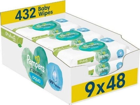 Pampers Harmonie Aqua Μωρομάντηλα με 99% Νερό, χωρίς Άρωμα, Οινόπνευμα & Parabens 9x48τμχ
