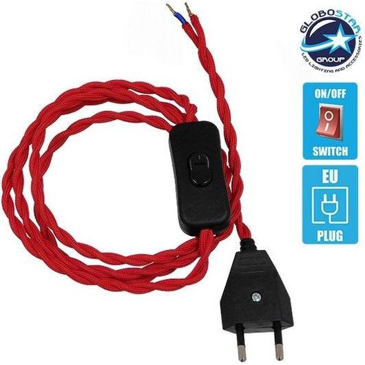 Κρεμαστό Φωτιστικό Whip GloboStar 91034 με Μαύρο Διακόπτη, Μαύρη Πρίζα & Κόκκινο Πλεκτό Καλώδιο 1.4m