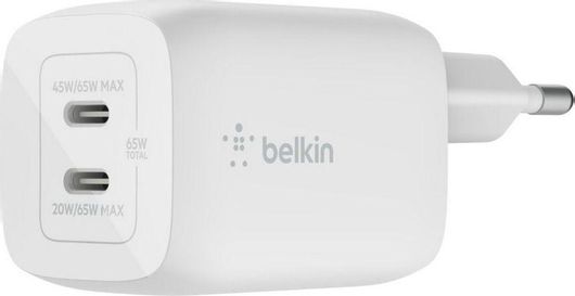 Belkin Φορτιστής Χωρίς Καλώδιο με 2 Θύρες USB-C 65W Power Delivery Λευκός Boost Charge Pro