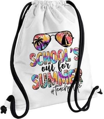Παιδική Τσάντα School's Out For Summer Teacher Life, Τσάντα Πλάτης Πουγκί Gymbag Λευκή, με Τσέπη 40x48cm & Χονδρά Κορδόνια