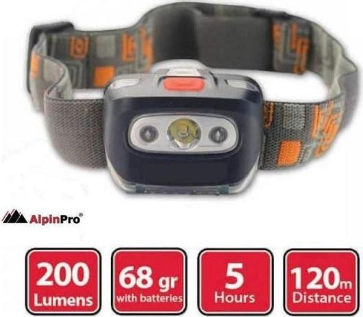 Φακός Κεφαλής Alpin LED Αδιάβροχος IPX4 με Μέγιστη Φωτεινότητα 200lm