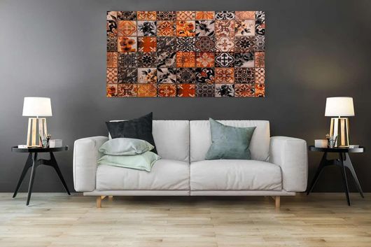 Πίνακας Κοντινό Πλάνο Τοίχου με Πλακάκια με Πορτοκαλί και Μαύρα Σχέδια 40x30cm