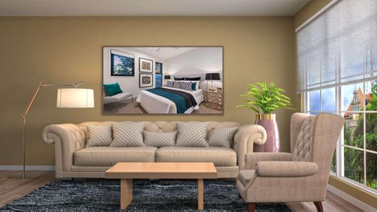 Πίνακας Κρεβατοκάμαρα με Όμορφα Στρωμένο Κρεβάτι και Εικόνες στον Τοίχο 120x80cm