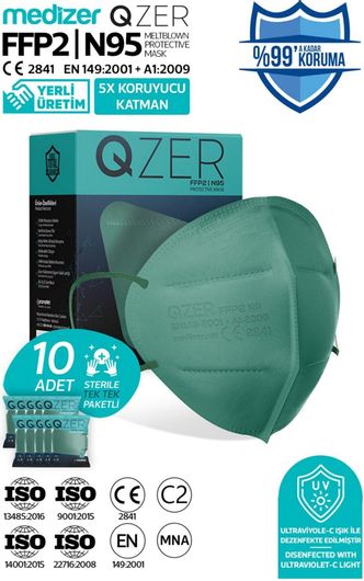 Μάσκα Υψηλής Προστασίας FFP2 / N95 QZER Αποστειρωμένη Πράσινο 10τμχ