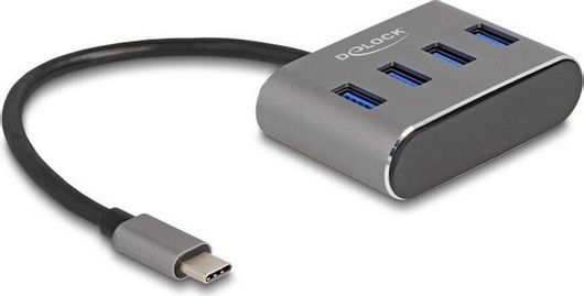 USB 3.2 Hub DeLock 4 Θυρών με Σύνδεση USB-C Γκρι