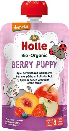 Holle Πουρές Φρούτων-Λαχανικών Berry Puppy Μήλο, Ροδάκινο & Φρούτα Του Δάσους Χωρίς Προσθήκη Ζάχαρης 100gr για 8+ Μηνών