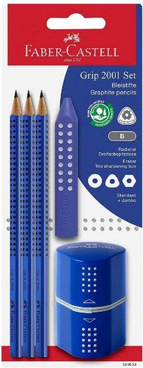 Μολύβια Faber-Castell Grip 2001 Σετ 3τμχ B με Ξύστρα & Γόμα Μπλε