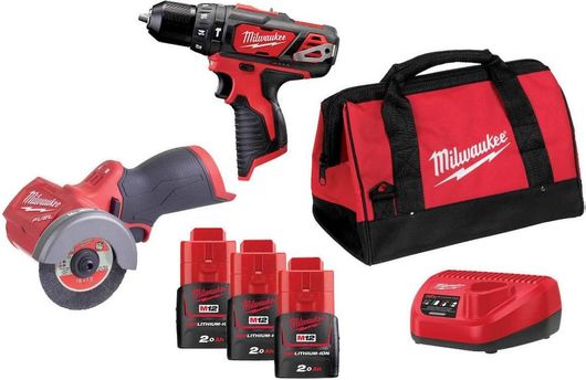 Σετ Γωνιακός Τροχός & Δραπανοκατσάβιδο Milwaukee M12 BPDFCOT2A-202B 12V με 3 Μπαταρίες 2Ah & Θήκη