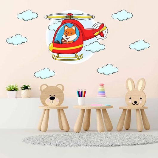Σετ Αυτοκόλλητα Παιδικού Δωματίου IDP Creations Αλεπού σε Ελικόπτερο & Συννεφάκια